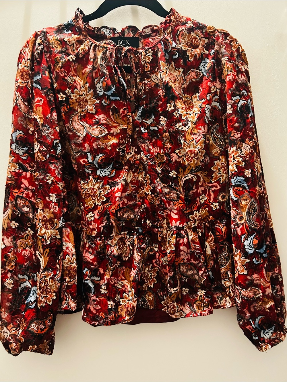 BCX Red Floral Velvet Peplum Blouse with Blue & Gold Accents